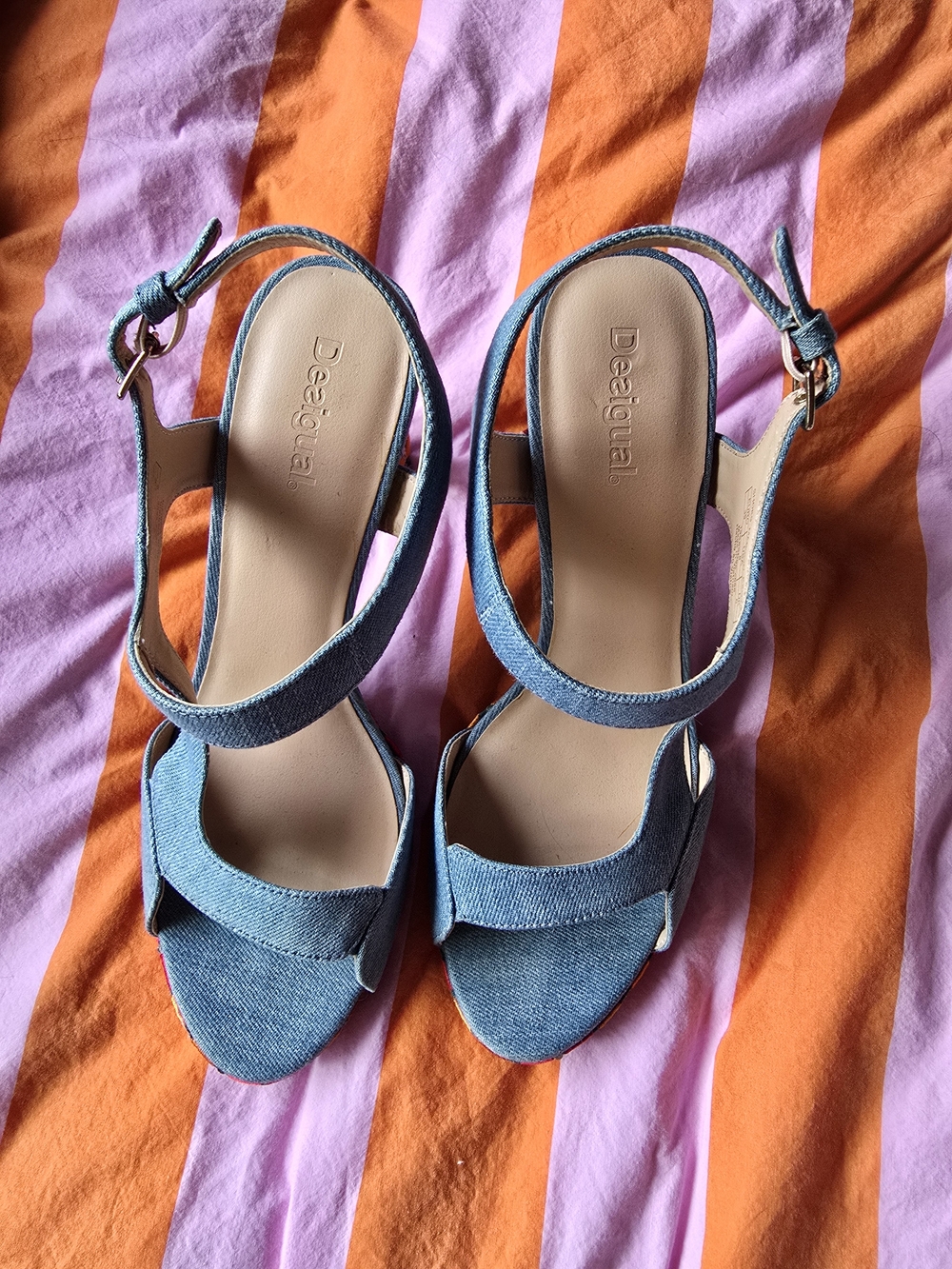 Desigual Blue Denim Embroidered Block Heel Sandals - Picture 4 of 9